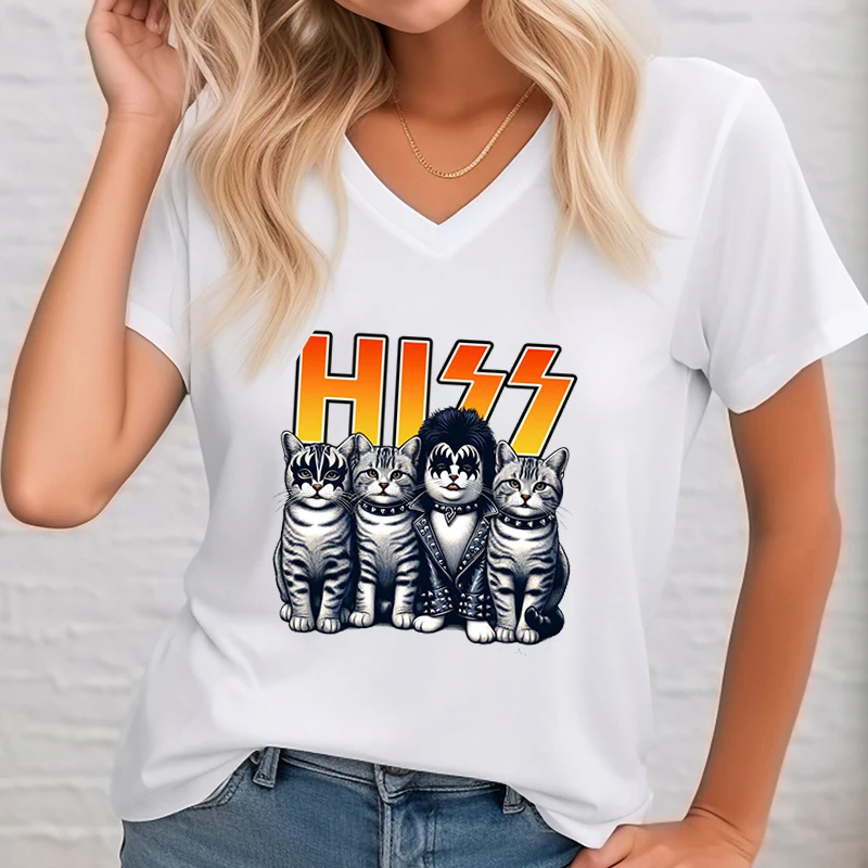 Women's Clothing Rock Music Lover Gift Graphic T Shirts Women Gift for Cat Lovers Summer Clothes Funny Cats Roll Music T-shirt