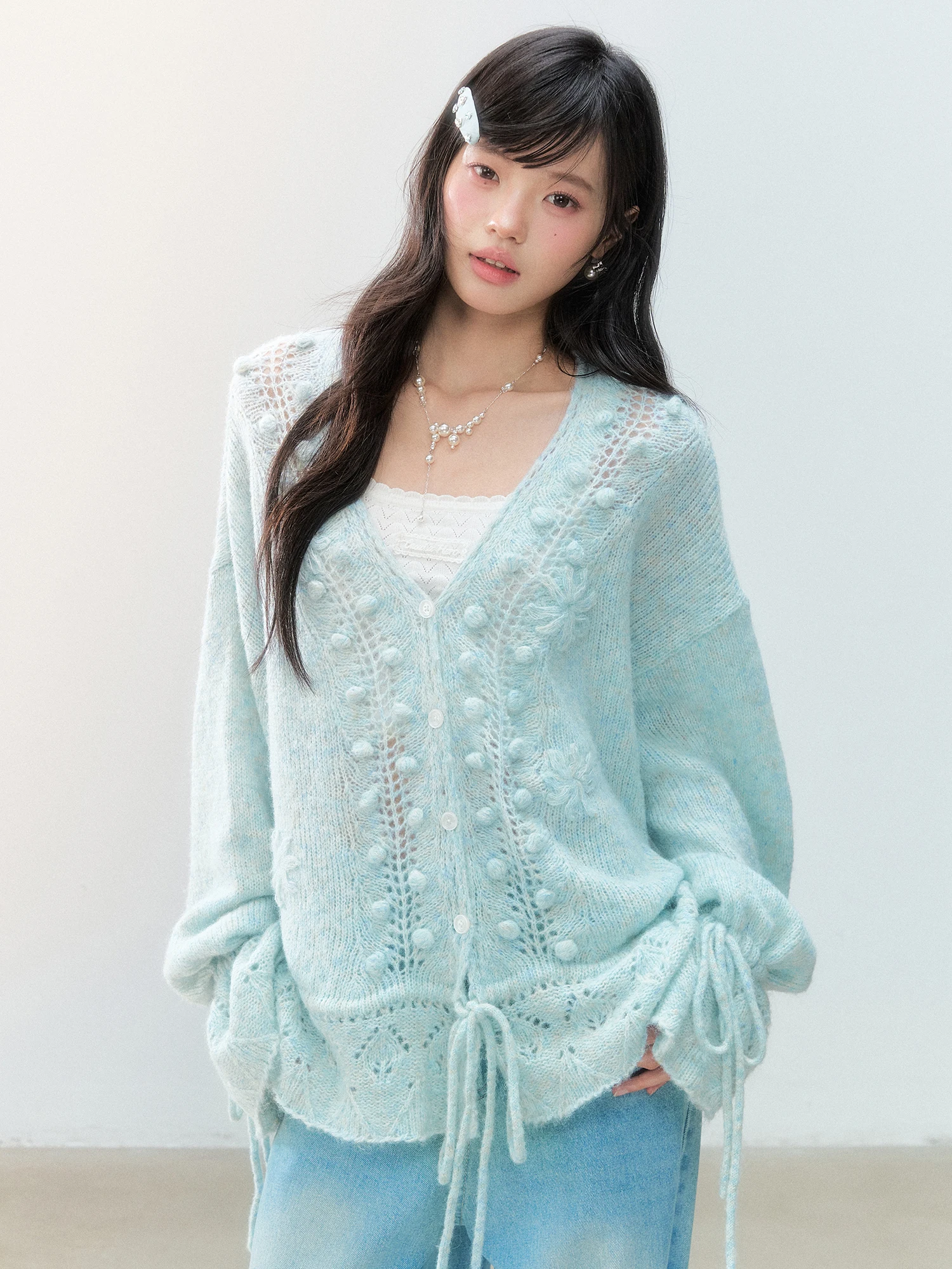Guukahero Light Blue V-neck Knitted Open Cardigan Women's  Style Lazy Drawstring Loose Sweater Campus Citywalk Travel