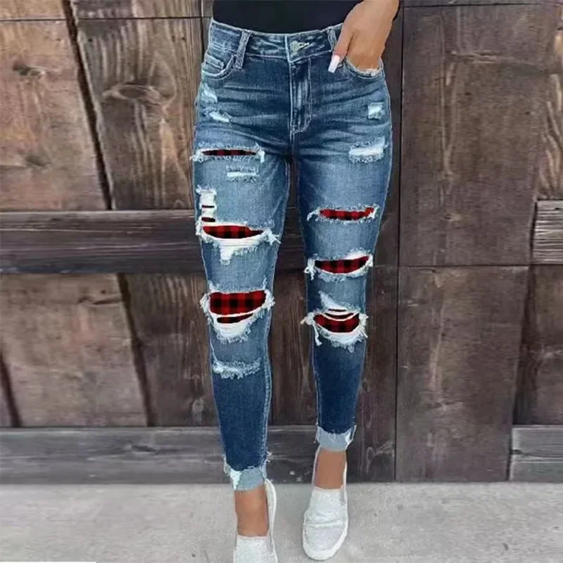 Women's Jeans Large Size Elastic Ripped Washed Slim Pants Small Feet Skinny Fashion Casual Jeans Women's S-XL