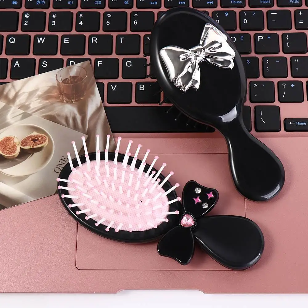 Korean Style 2 in 1 Comb Mirror Set Durable Lamb Bowknot Air Bag Hair Comb Makeup Tool Pocket Mirror Mini Foldable Hair Brush