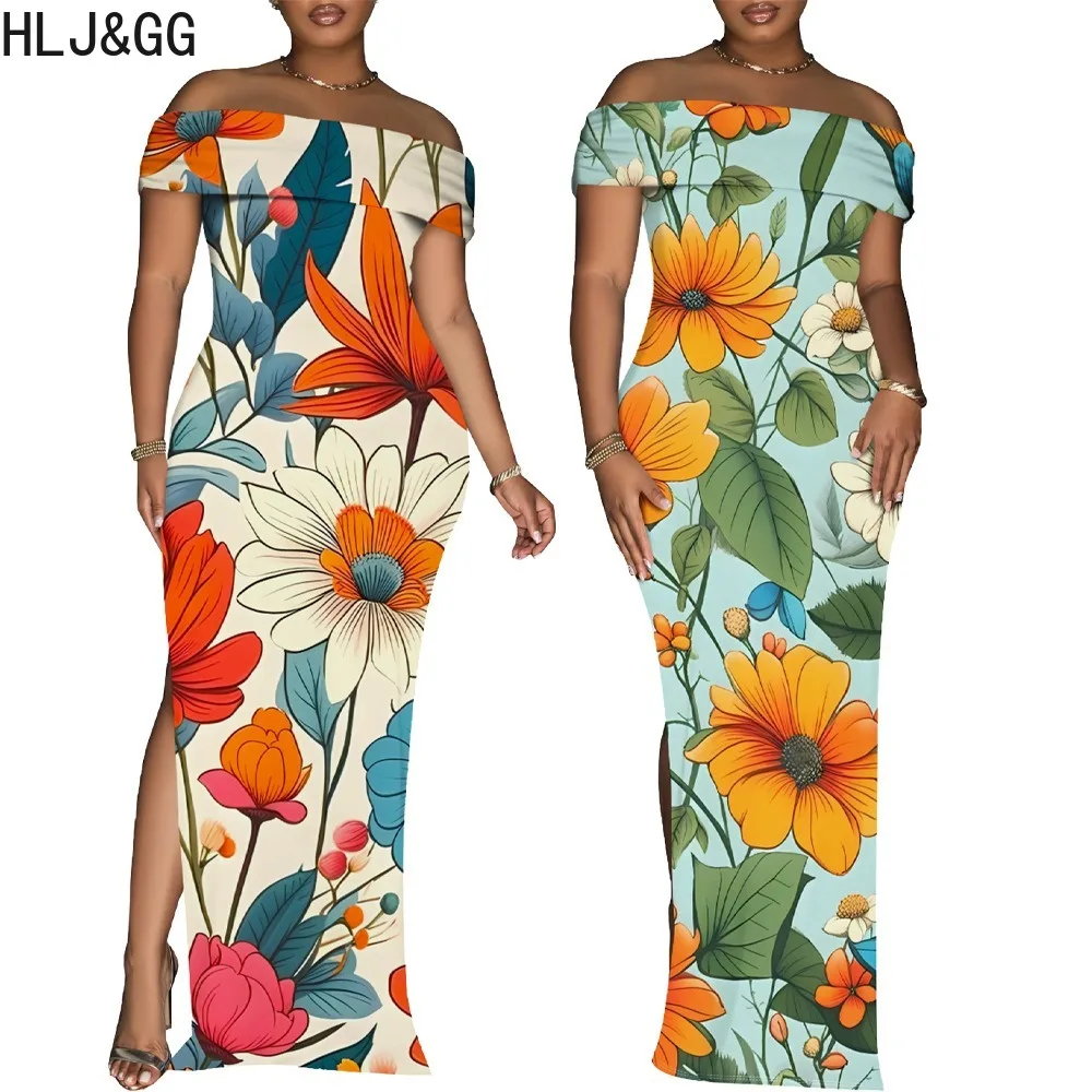 

HLJ&GG Elegant Lady Print Off Shoulder Slim Slit Long Dress 2024 Women Short Sleeve Backless Vestidos Fashion Female OL Clothing