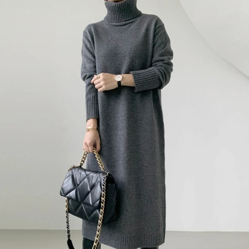 REALEFT خمر الكشمير الياقة المدورة المرأة محبوك فساتين طويلة 2025 جديد الخريف الشتاء كم طويل مستقيم فستان سترة فضفاضة #3