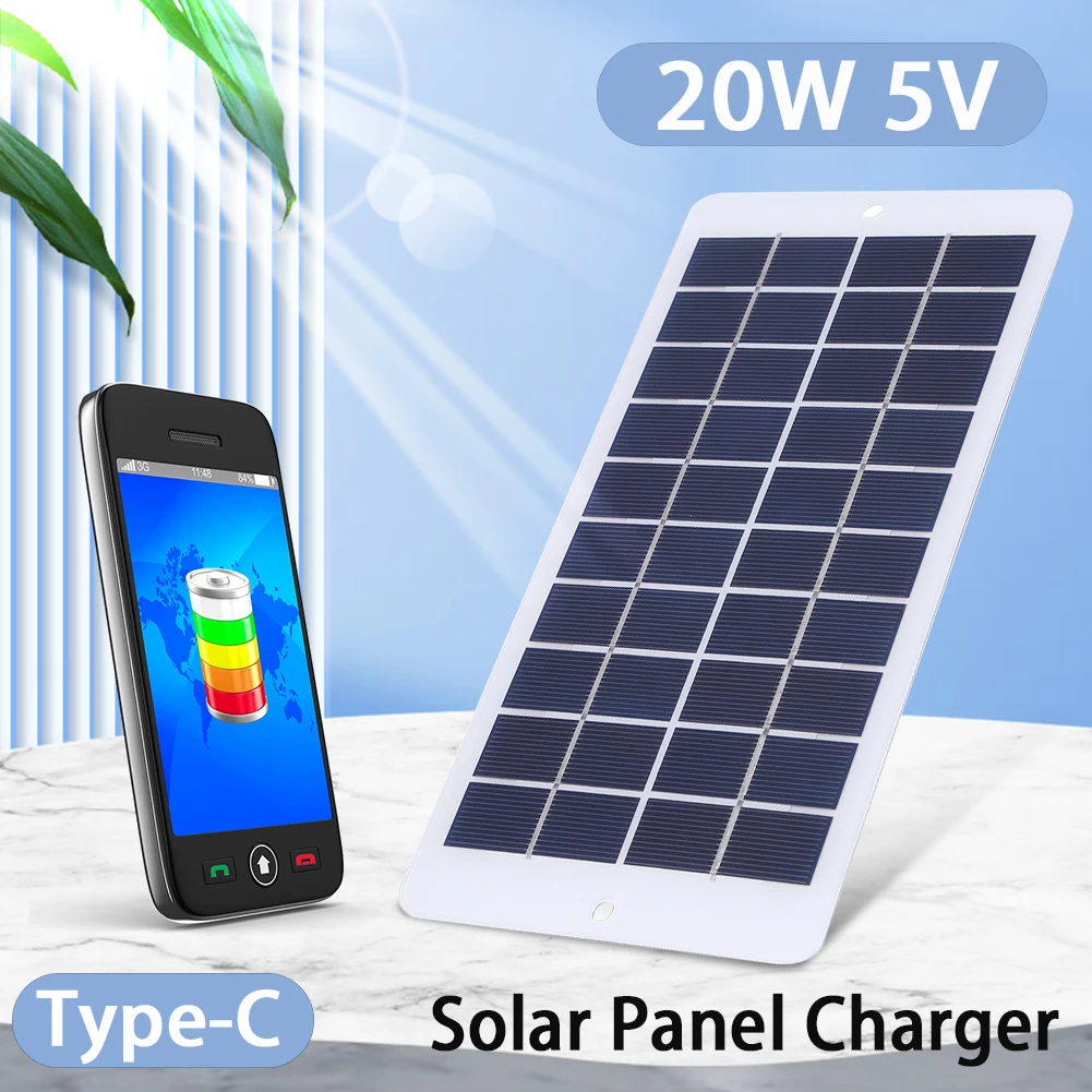 20W 5V Battery Charger Solar Panel Type-C Outdoor Solar Panels Lightweight Courtyard Lighting for Doorbell Security Monitoring