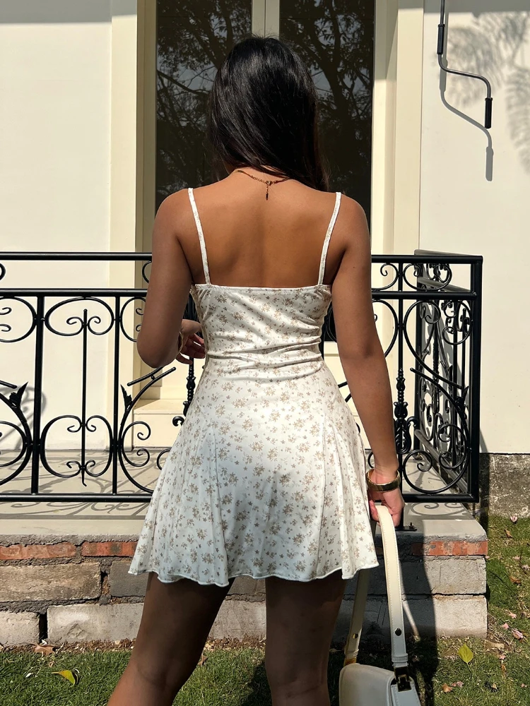 French Elegant Retro Floral Lace Cami Dress Women Slim Fit Tight waist A-Line Mini Dress Sweet Summer Chic Fashion Casual Outfit