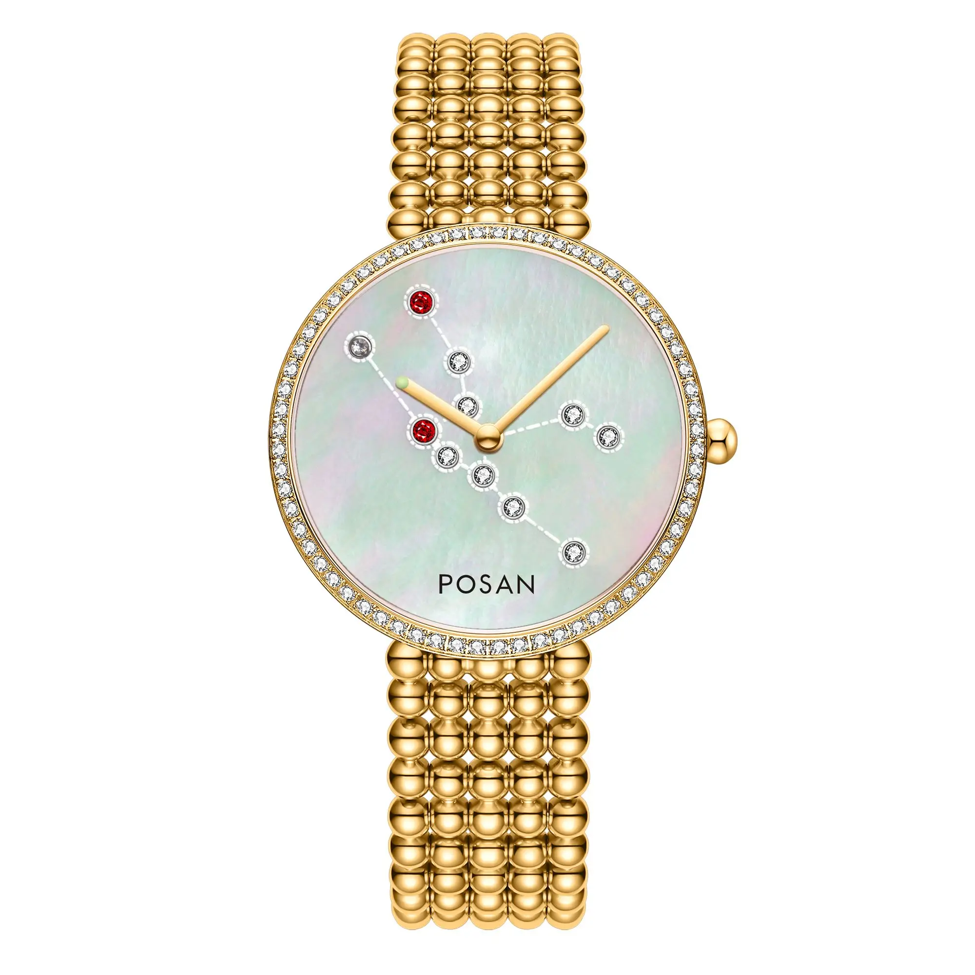 ساعة بوسان كلاسيكية كوارتز للنساء مع قشرة اللؤلؤ ومجموعة الأحجار الكريمة وسوار خرز من الفولاذ المقاوم للصدأ PSW-001C