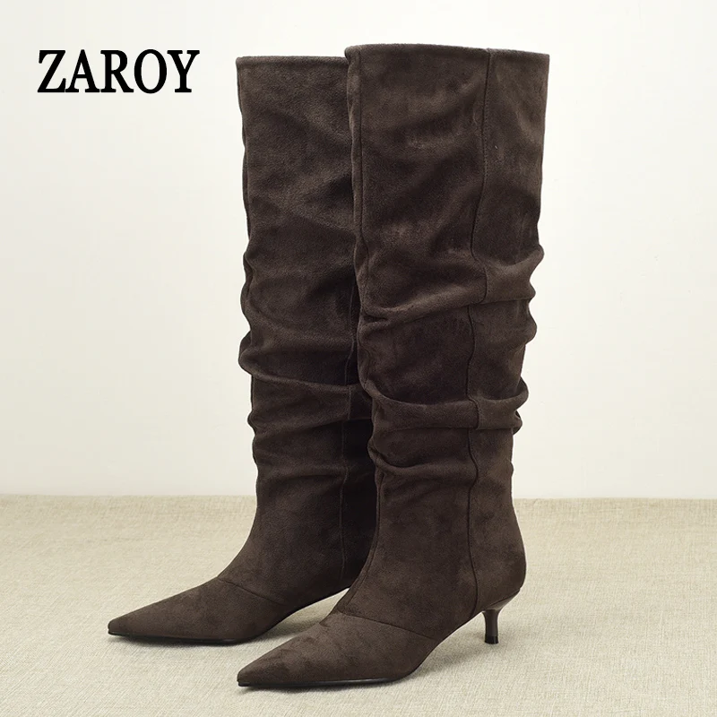 ZAROY Brand Designer Knee High Boots Women Pointed Toe Thin High Heel Pleated Brown Suede Versatile Autumn Winter Long Booties