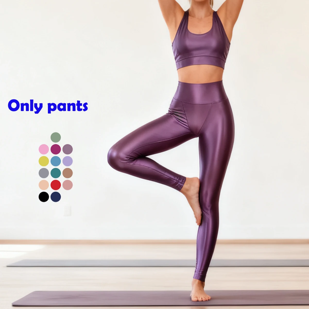 MJINM مثير بريق لينة السلس عالية الخصر مزدوجة الطبقات صغيرة الخامس المنشعب الكاحل طول السراويل اليوغا اللياقة البدنية الجمباز طماق ضيقة #1