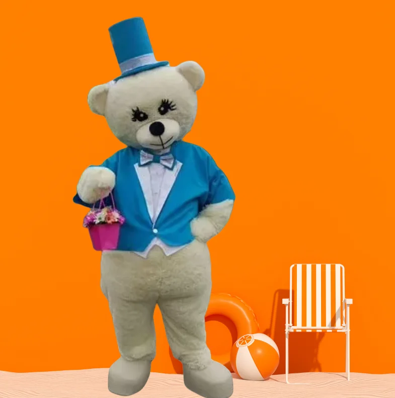 

Cute Bear Mascot Costume with blue coat and hat Adult cartoon Doll Clothes Halloween Christmas Fancy Party Full Body Outfits