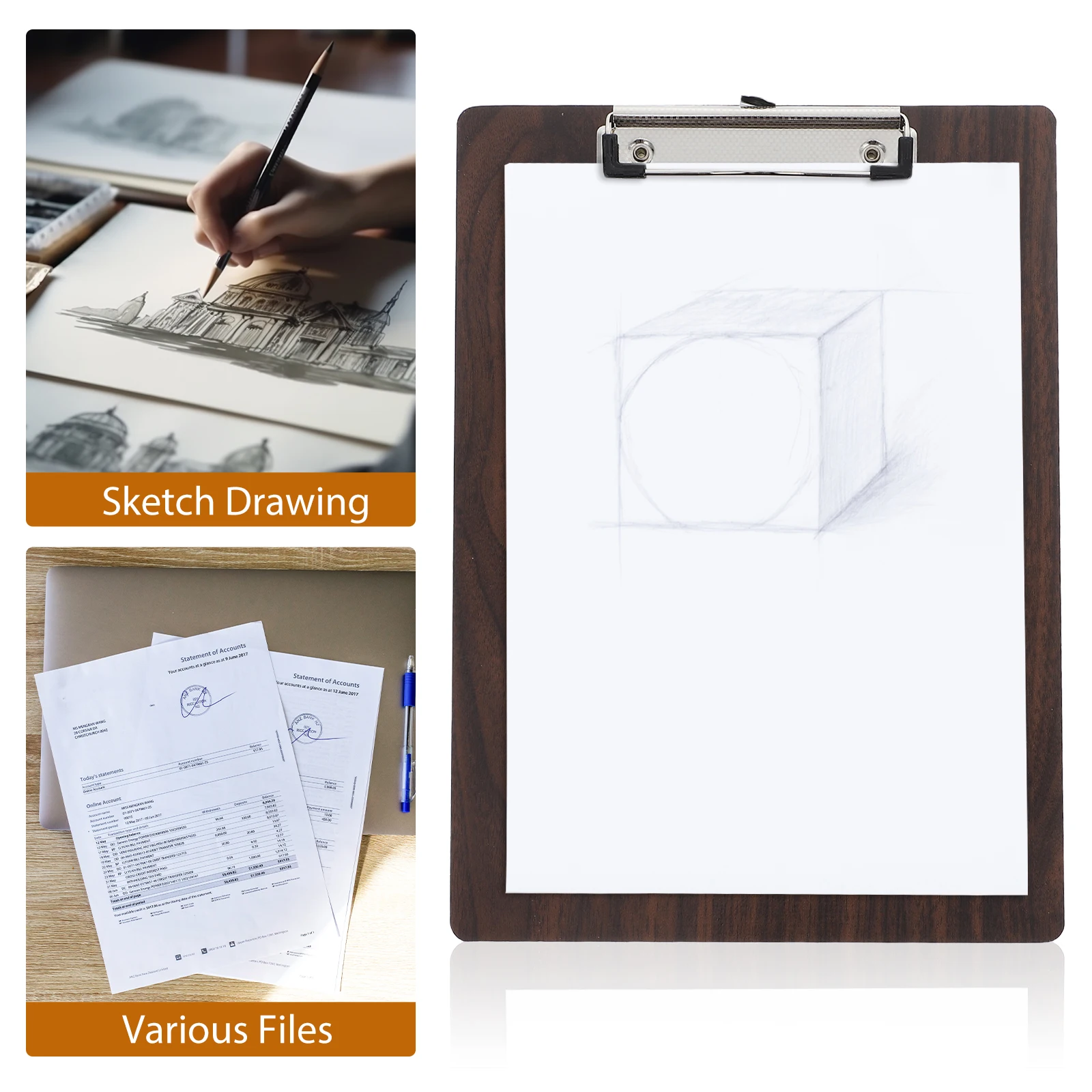 

Wooden Clipboard A3 Size Lightweight Portable Walnut Wood Comfortable Grip Strong Metal Clip Retractable Hanging Ring