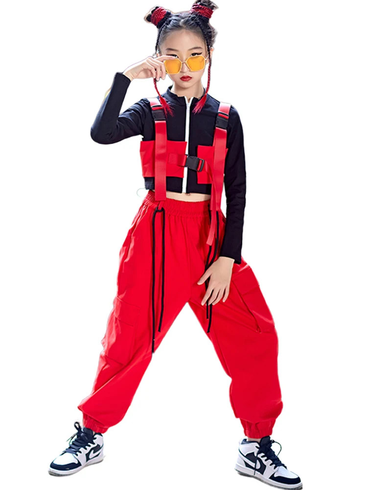 2022 Mädchen Jazz Tanz Kostüm lange Ärmel Tops rot Hip-Hop Performance Kleidung Kinder Weste Hosen Mode Street Wear kpop bl9079