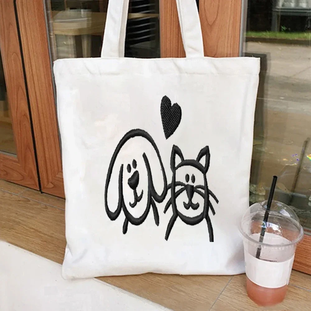 Dog and Cat Canvas Tote Bag Minimalist Pet Print Handbag For Pet Lover Daily Casual Bag for Daily Shopping,Commute,Travel