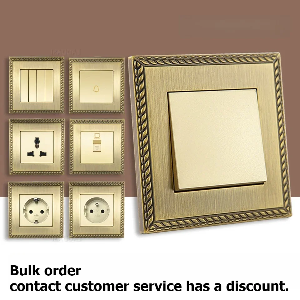 EU FR UK Standard Retro Switch,European Vintage Metal Zinc Alloy Wall socket,Universal Home Light Switch Power Outlet