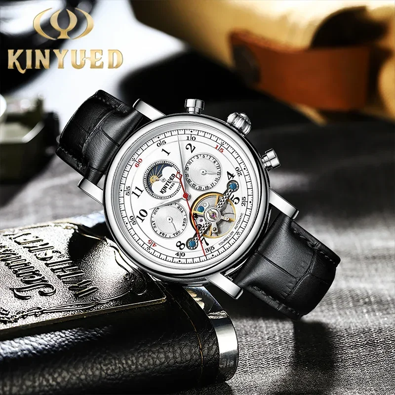 KINYUED Luxury Men‘s Watches Automatic Mechanical Moon Phase Watch for Men Hollow Design Leather Strap Male Business Wristwatch