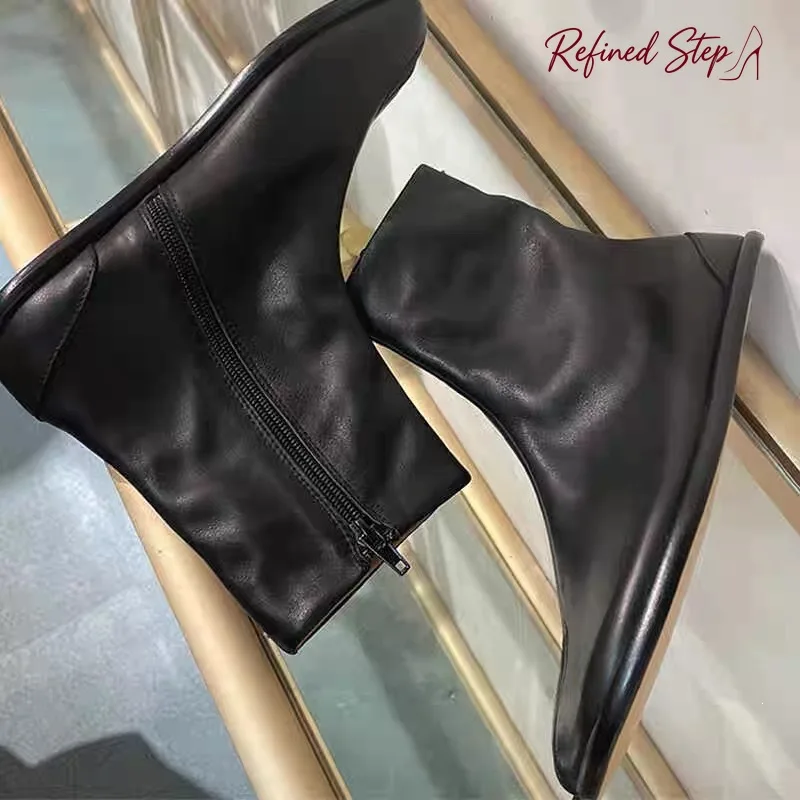 Genuine Leather Split Toe Chelsea Ankle Boots Women Minimalist Design Side Zipper Short Boots