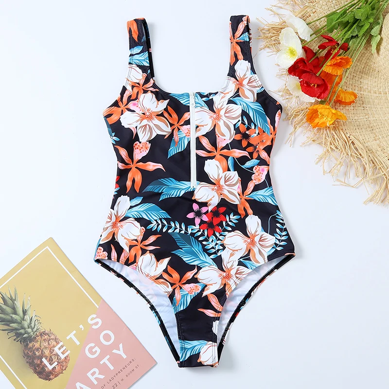 2024 Printed Zipper Swimsuit One Piece Sexy Swimwear Women Floral Bathers Bathing Swimming Swim Suit Female Beachwear