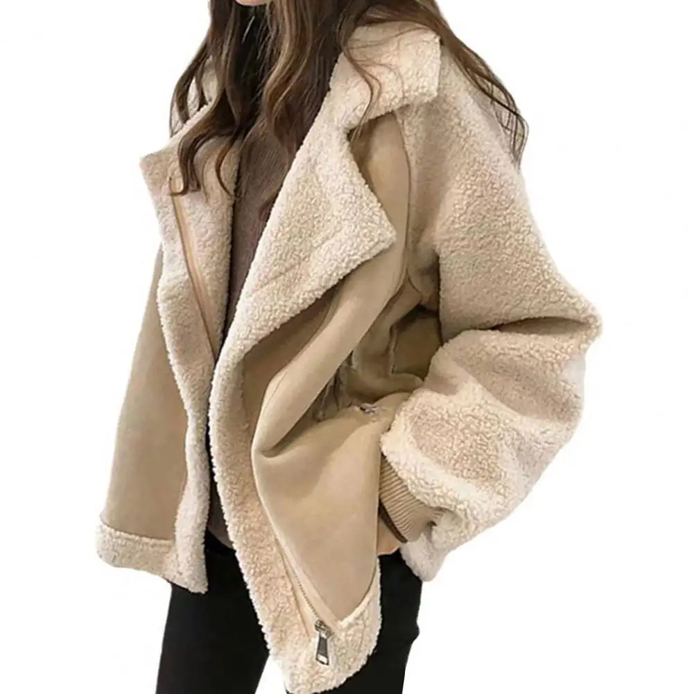 

Women Patchwork Warm Plush Jacket Fashion Winter Long Sleeve Zipper Short Coats Streetwear with Pockets Outwear