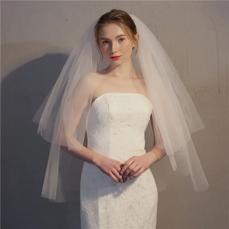 Short Tulle Cut Edge Two Layer Ivory Puffy Wedding Veil  White Elegant Shoulder Length Bride Veils