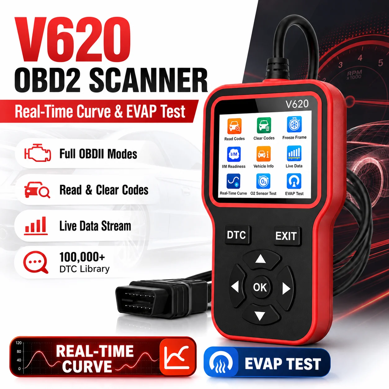 V620 Obd2 Diagnostic Scanner Car Code Reader Fault Code Reader and Eraser I/M Readiness Check Vehicle Information Diagnostic Tool