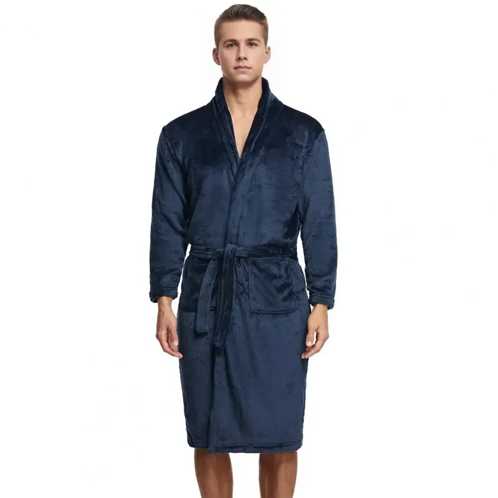 Chemise de nuit en glouton à manches longues pour hommes, poches à lacets, devant ouvert, peignoir pour hommes, longueur au genou, vêtements de nuit de salon pour hommes, automne, hiver