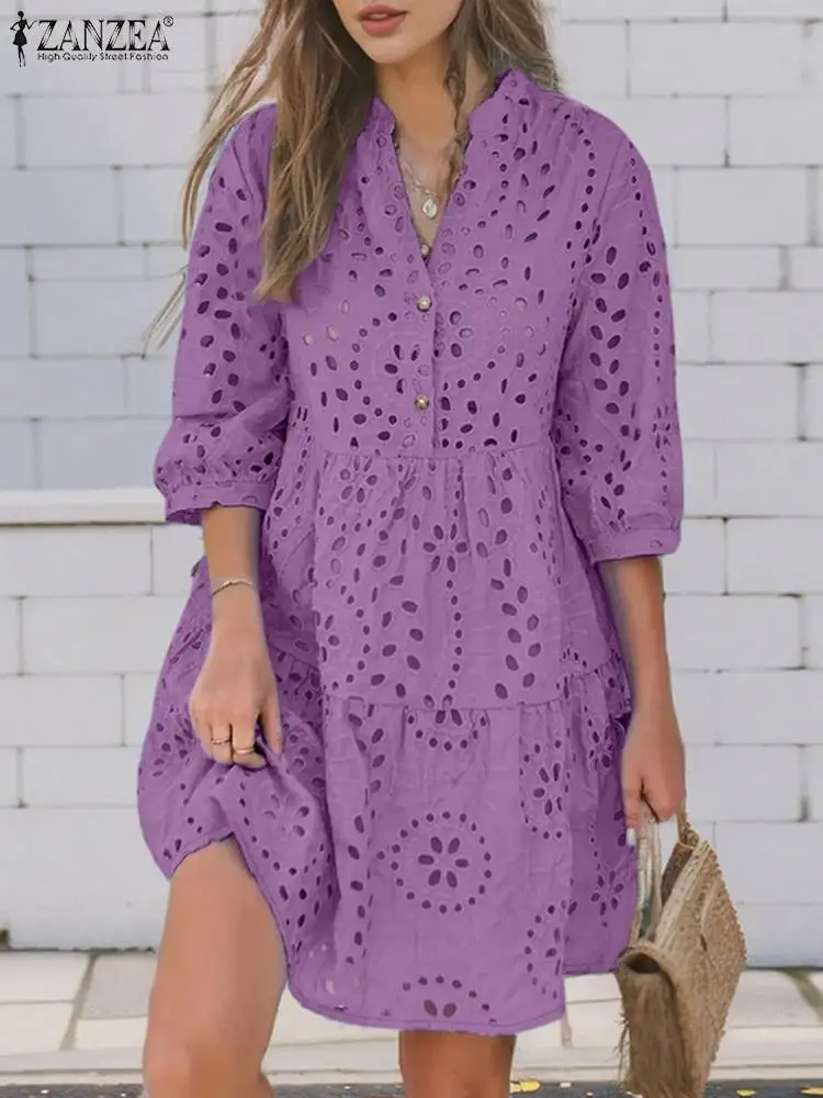 ZANZEA-Vestido corto con bordado calado para mujer, ropa informal holgada de manga 3/4, hasta la rodilla, con retazos de encaje