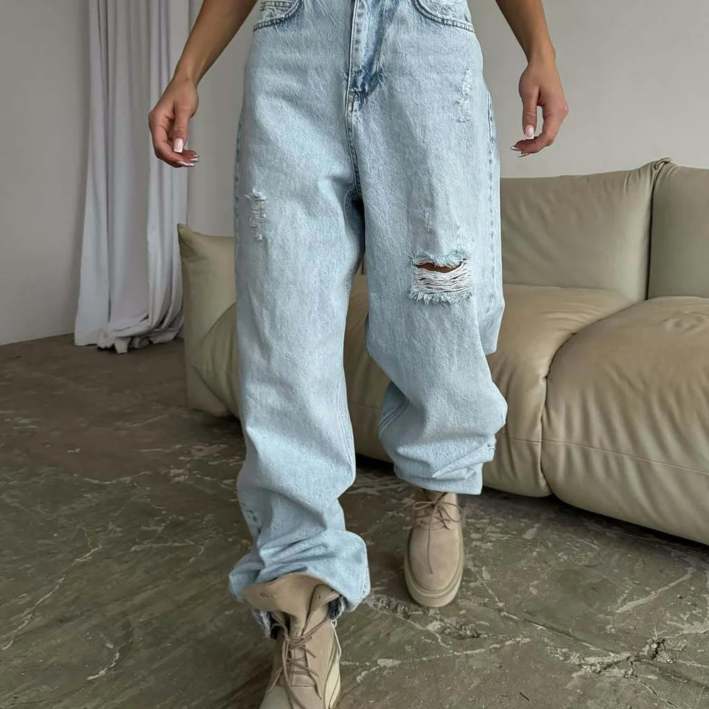 Jeans mit hoher Taille und weitem Bein für Damen, Frühlingsfaion, zerrissenes Loch-Design, lässige Taillen-Denim-Hose, lockere Passform für alle Jahreszeiten