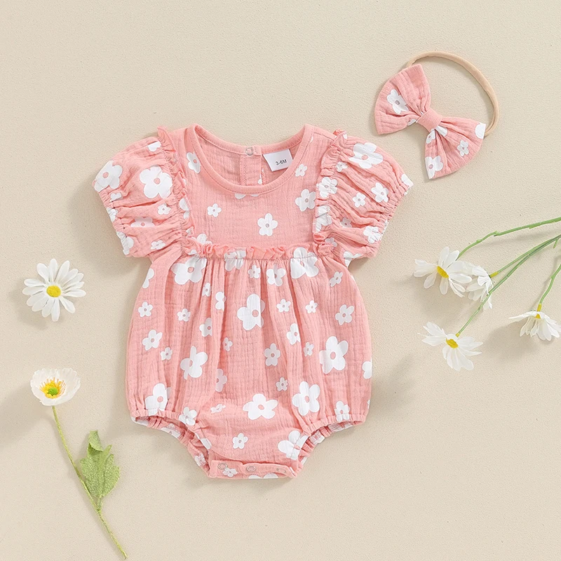 Toddler Baby Girl 2Pcs Summer Outfits Ruffle Short Sleeve Floral Print Frill Romper with Headband Clothes Set Newborn Jumpsuit