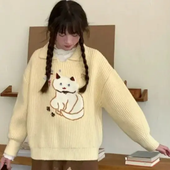 

Sweet College Knitted Sweater Lazy Kawaii Cartoon Embroidered Cat Knitted Sweater Autumn Winter Women Versatile Loose