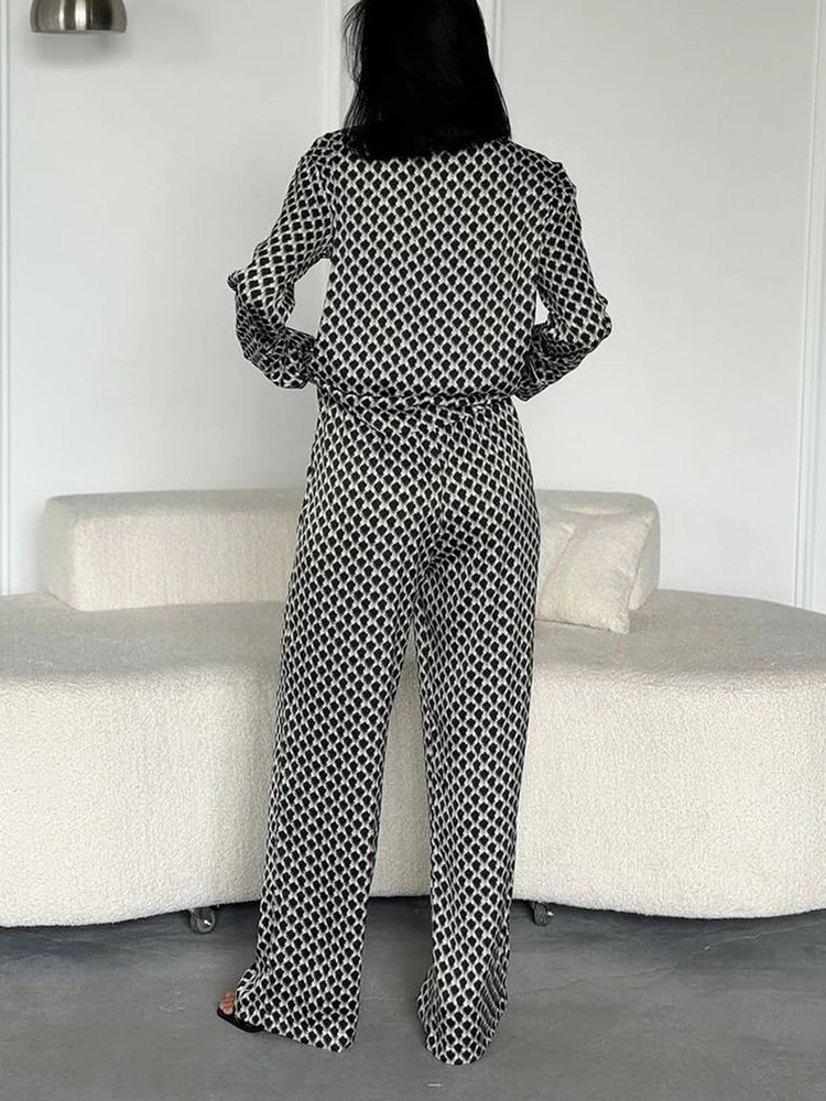 HiLoc Causal Printing Pants Pajamas Sets Women Two Pieces Long Sleeves Tops And Wide Legs Pants Homewear 2024 Female Night Suits