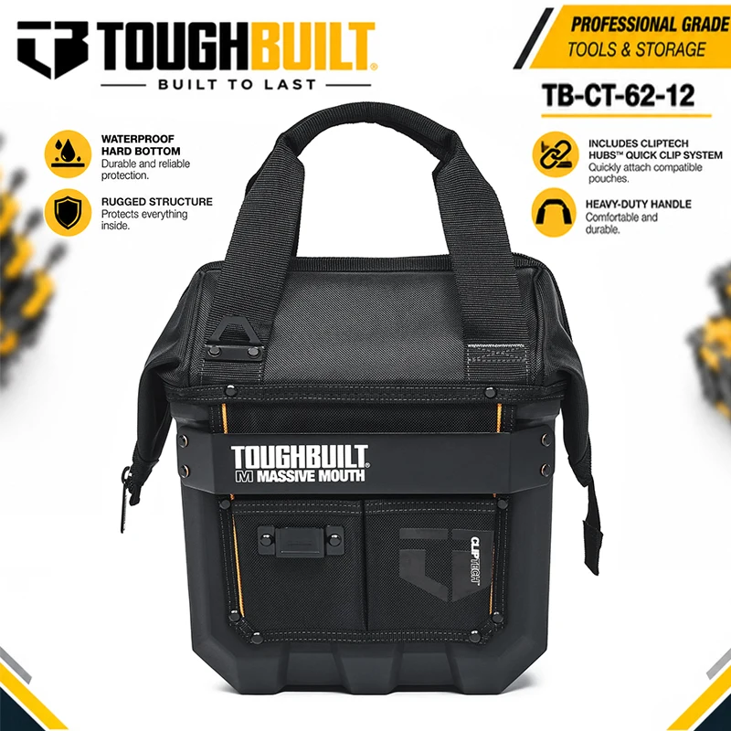 TOUGHBUILT TB-CT-62-12 Large Mouth Tool Bag with Waterproof Hard Base, Rugged Lockable Tool Storage Bag