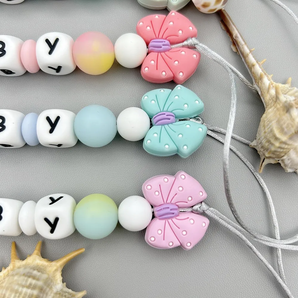 Baby Kawaii Toy Gifts Customized Letters Name Baby Rabbit Silicone Luminous Beads Pendant Pacifier Clips Chains Holder Teether