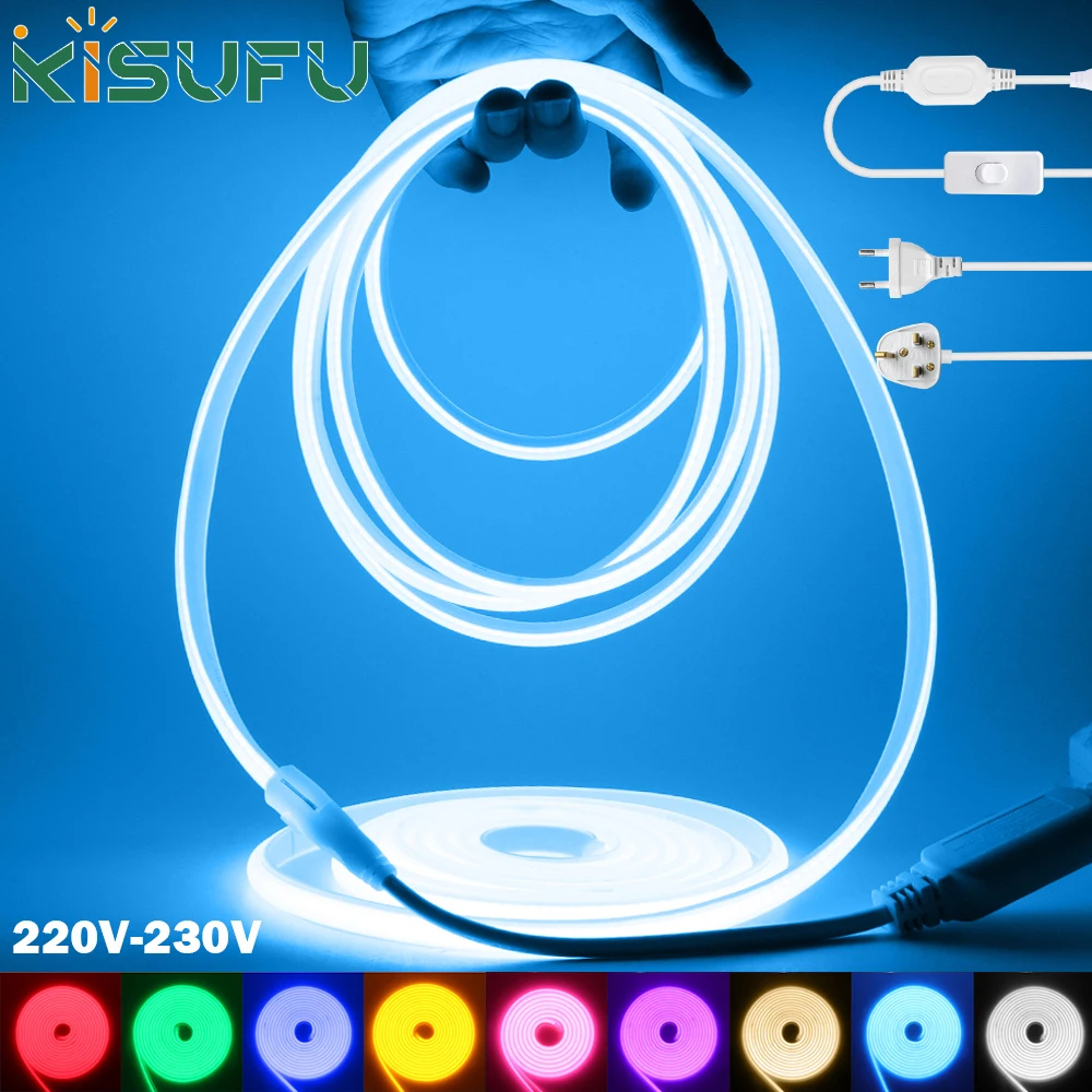 

COB Neon Light With AC 220V 230V Switch EU/UK Plug 288Leds/m High Bright Waterproof RA90 FOB Tape Indoor/Outdoor Decor 10 Colors