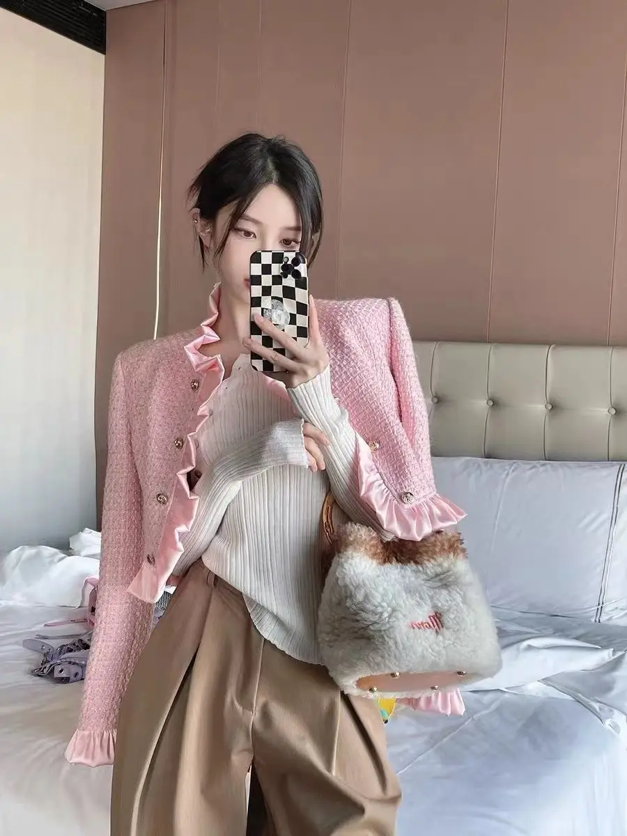 Small Fragrance Pleated Wooden Ear Trimmed Tweed Short Coat Women's Fall 2022 New Double-breasted Braided Woolen Topelegant