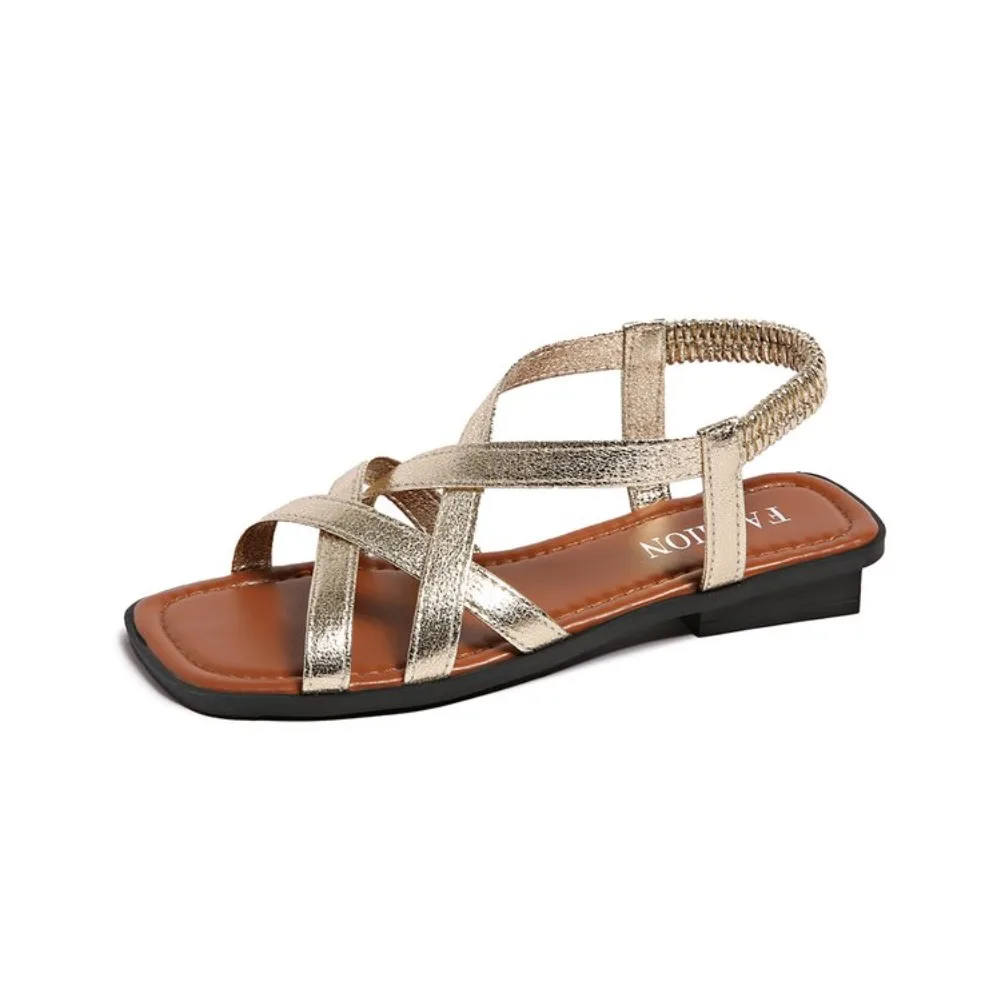 Große Größe Modische Römische Kreuzriemen-Sandalen mit Flachem Boden Damen-Strandsandalen mit Elastischem Band Bequeme Damensandalen – Detail 15