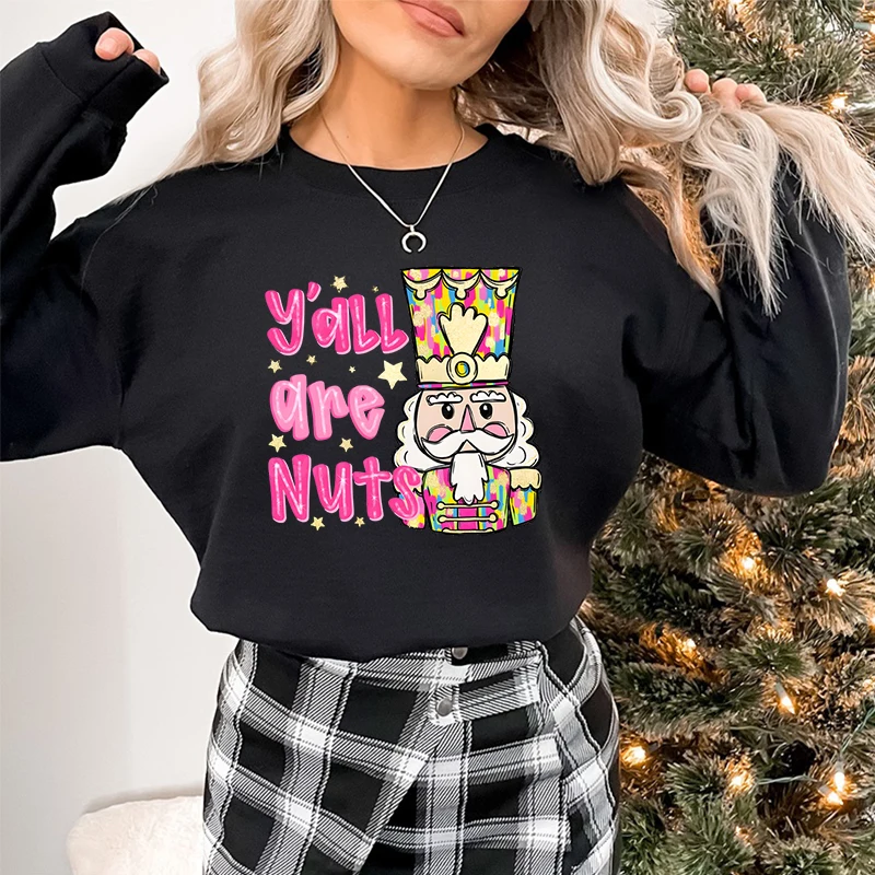 Womens Christmas Sweatshirt Y\'all Are Nuts Merry Christmas Pink Nutcracker Lover Sweater Women Festive Cartoon Cute Sweatshirts