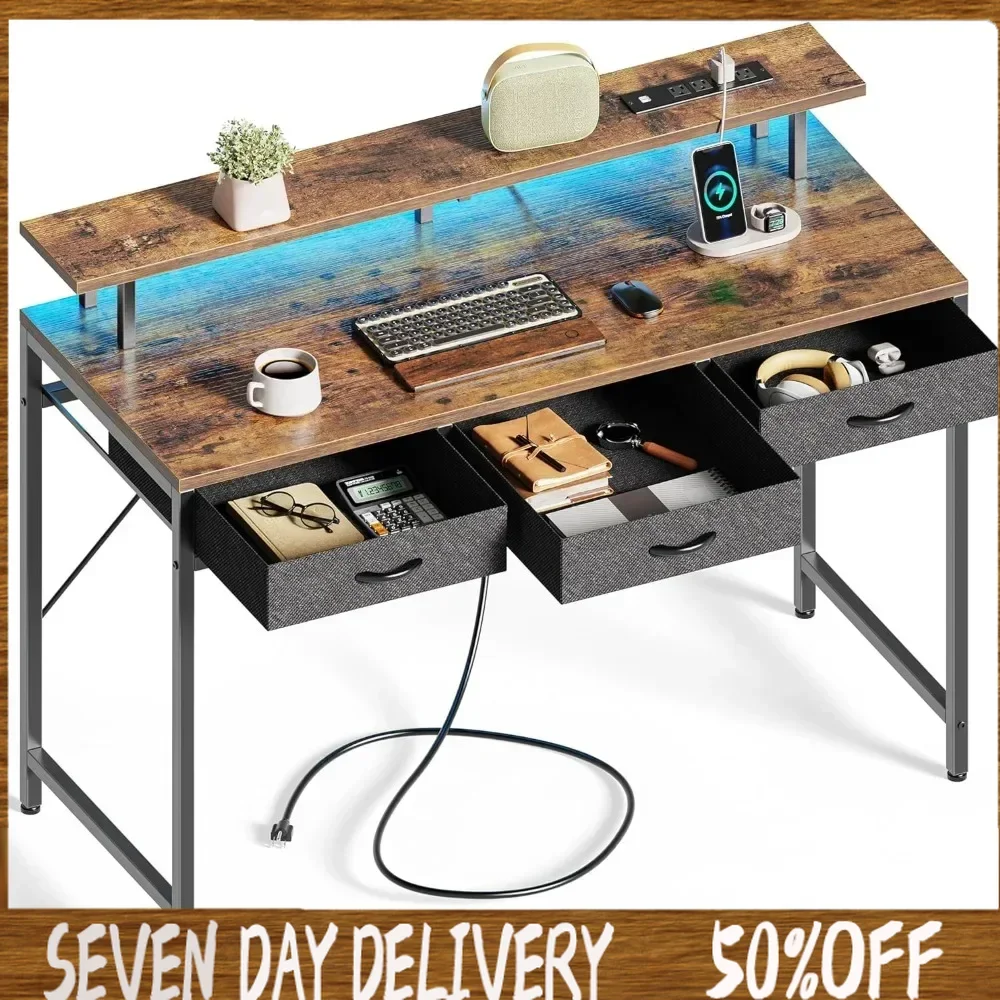 

55 inch Computer Desk with 3 Drawers, Office Desk Gaming Desk with LED Lights & Power Outlets, Office Desks with Storage Space