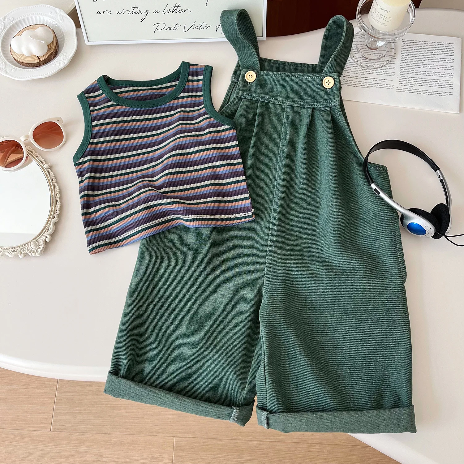 

Girls Suits 2024 Summer New Korean Version Striped Undershirt Cowboy Suspenders Two-piece Girls Clothes Korean Simple Style