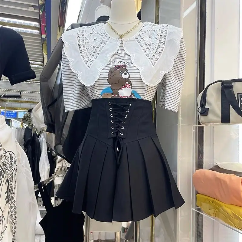 Nice Summer Thin Casual Solid Color Ladies High Waist Women's Clothing Korean Young Style  New Lacing Patchwork A-line Skirt