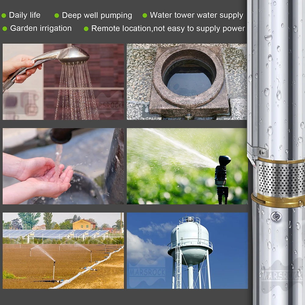 Bomba de Poço Profundo Submersível Solar com Controlador, Solar DC, Aço Inoxidável, 400Watts, 48V, 2.6 T/s, Fluxo Máximo