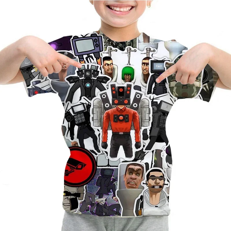 Skibidi-camiseta casual de manga curta infantil, camiseta com estampa de homem-falante infantil, blusa com gola O, verão