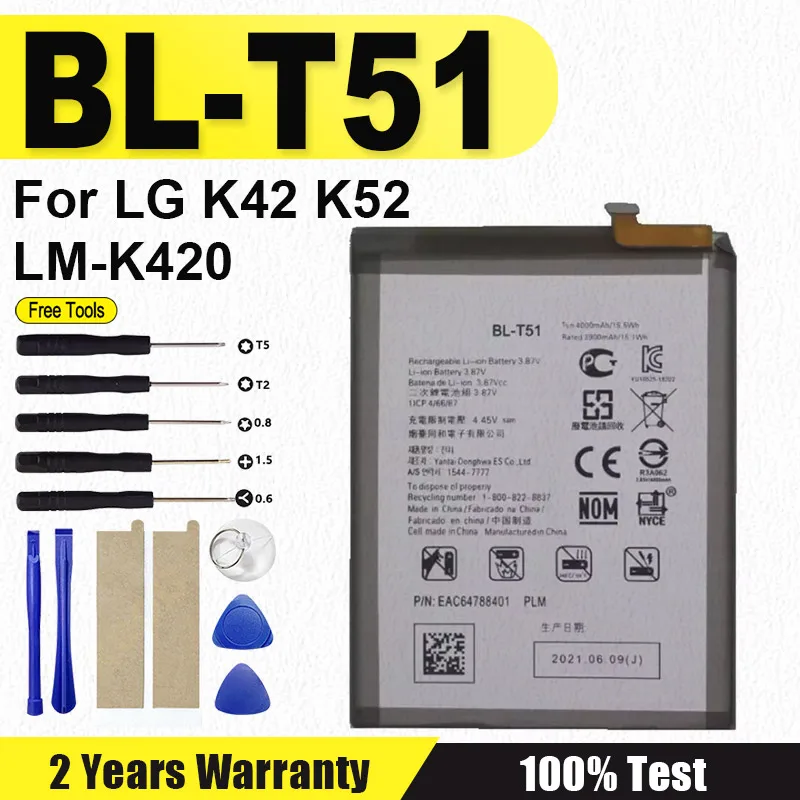 

New Battery 4000mAh BL-T51 Battery For LG K42 K52 LMK420 LM-K420 Mobile Phone Batteries + Free Tools