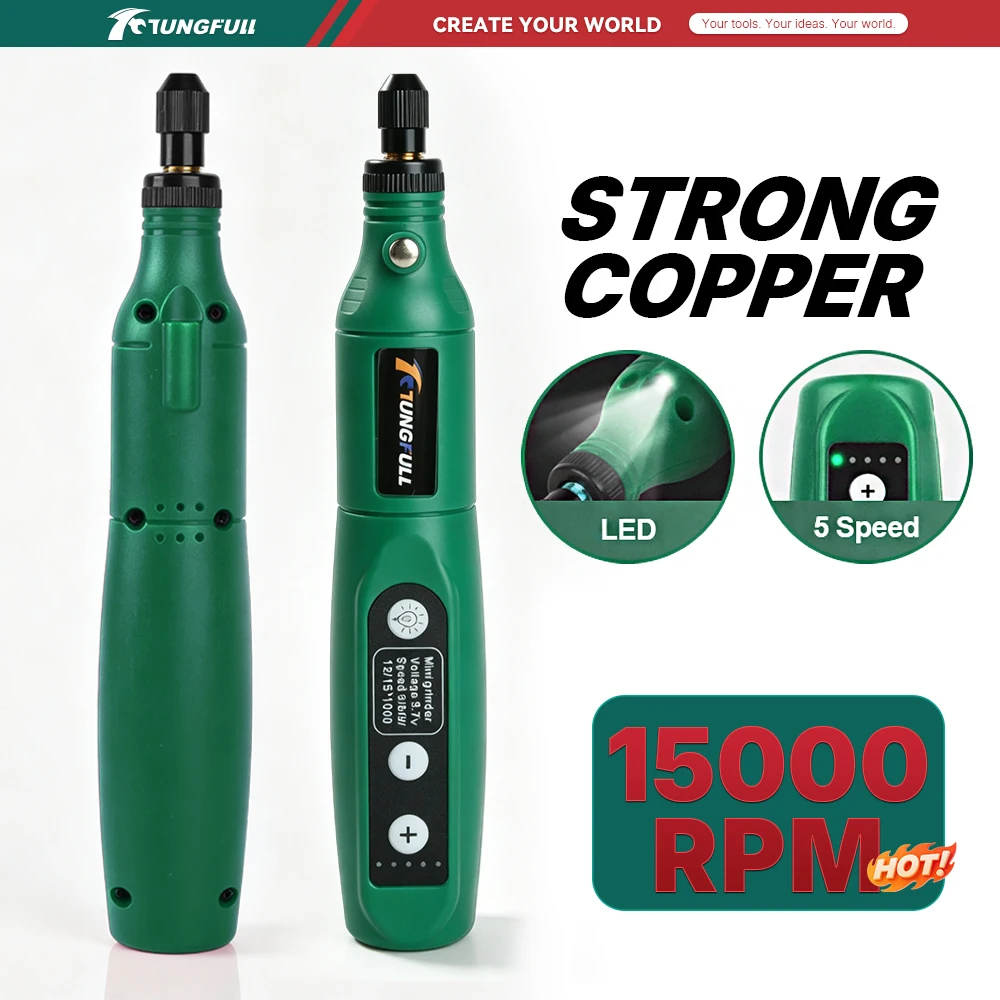 TUNGFULL Handheld Rotary Tool Electric Grinder 5 Speeds LED Light USB Charging for Detail Work Sanding Cutting Drilling