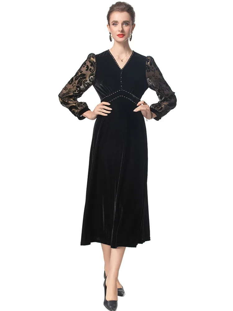 

Autumn Winter Women Velvet Patchwork Dress V Neck Long Sleeve Waist-closing Lady Sliming Vestidos