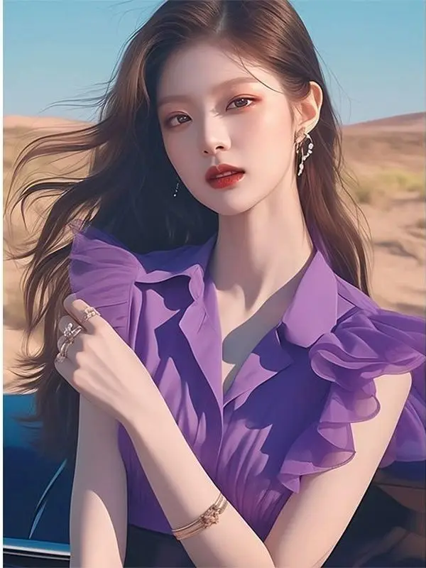 Ele الأرجواني الدانتيل Sve irt المرأة Faionable الصيف الأعلى جميلة Sli الراقية يشعر ort Sve V-Ne الكورية Sle #2