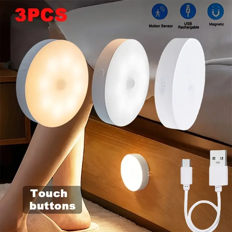 3pcs Sports Sensor Lights 8 LED USB Lights Two color Options Adjustable Brightness Suitable for Toilets Storage Cabinets Stairs