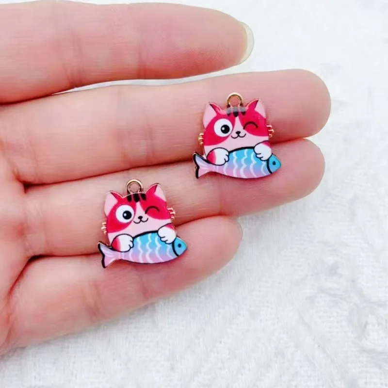 10pcs cross-border cartoon cute alloy cat eating fish animal pendant DIY accessories accessories mobile phone brooch pendant view 5