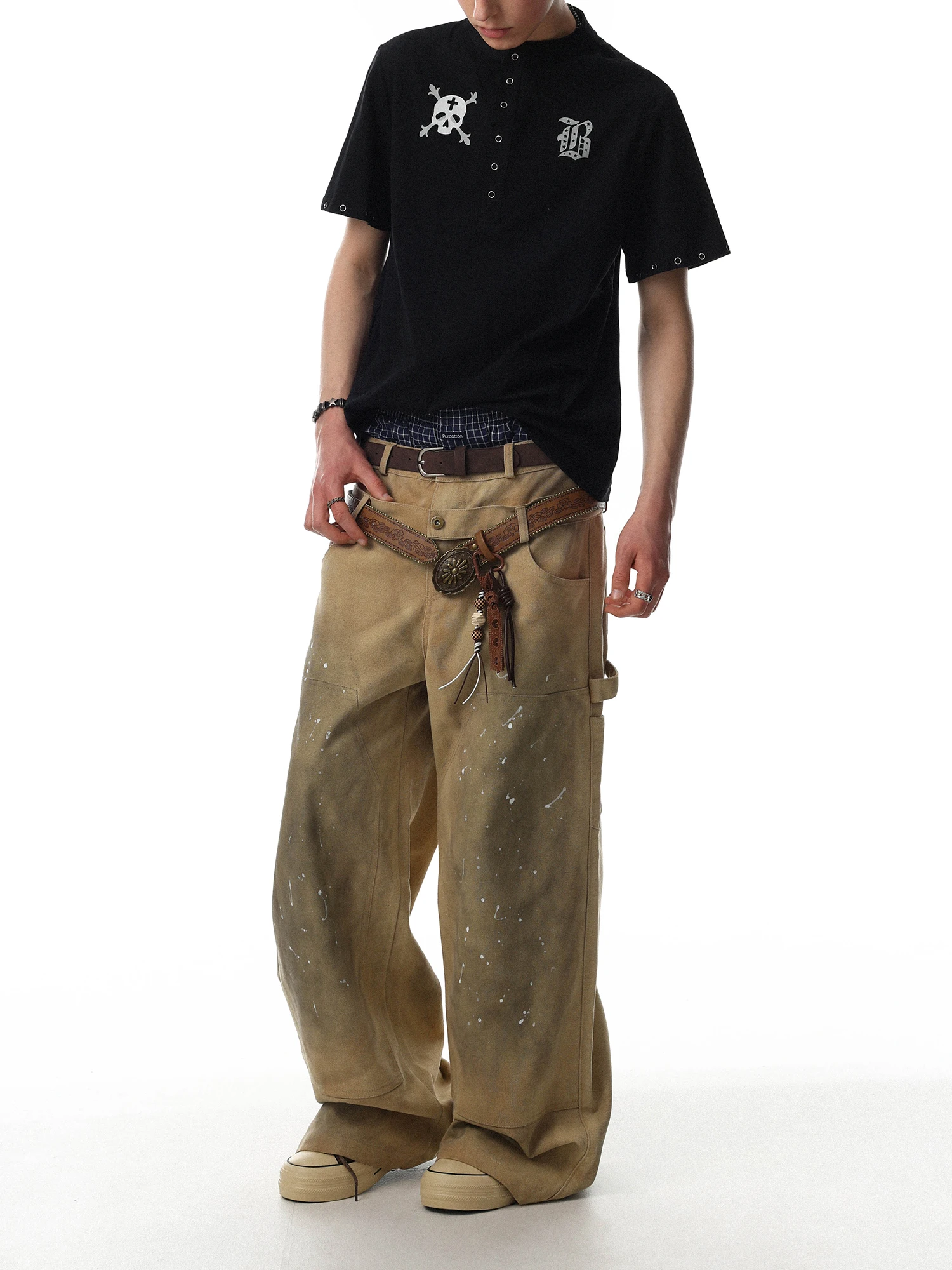 Retro American Style Double Waist Head Denim Jeans Loose Wide Leg Oustide Wear for Men And Women Worn-look Cotton Long Trousers