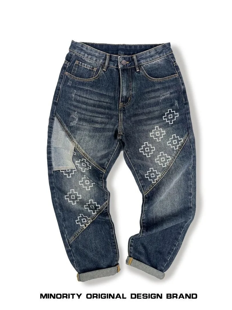 

Sle Laser Etched Casual Jeans Men's Patchwork Splicing Faionable Trendy Straight Leg mid Waist Denim Pants