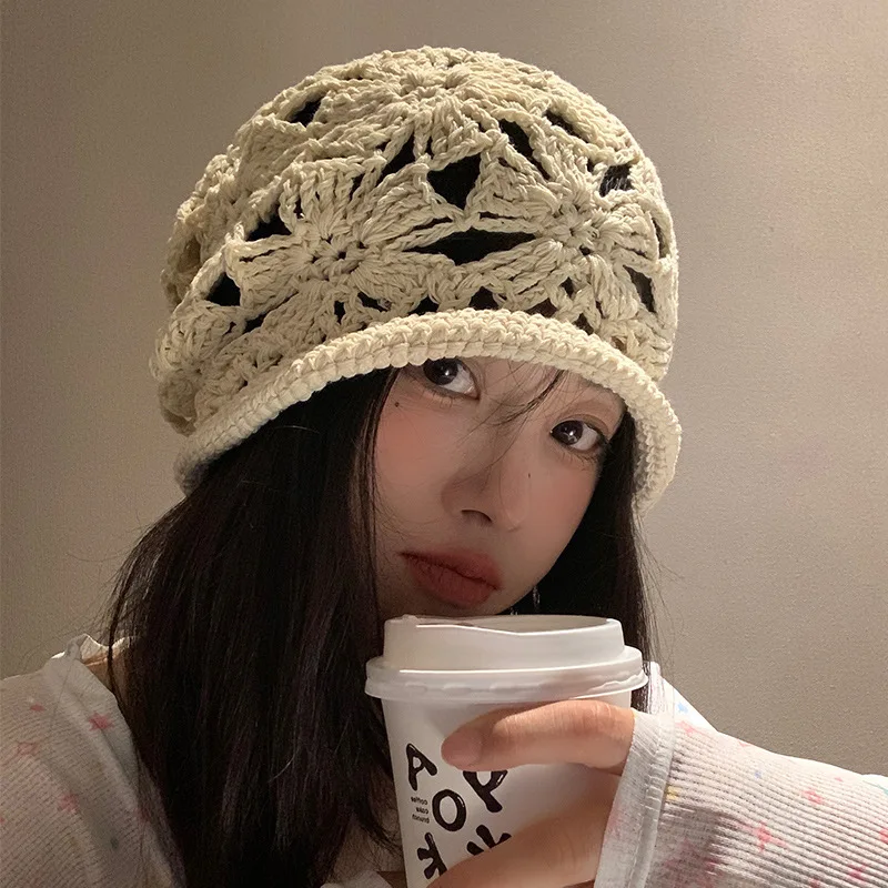 New Japanese Thin Hollow Stacking Hat Women's Hand-crocheted Knitted Hemming Literary Spring and Autumn Breathable Beanie Cap