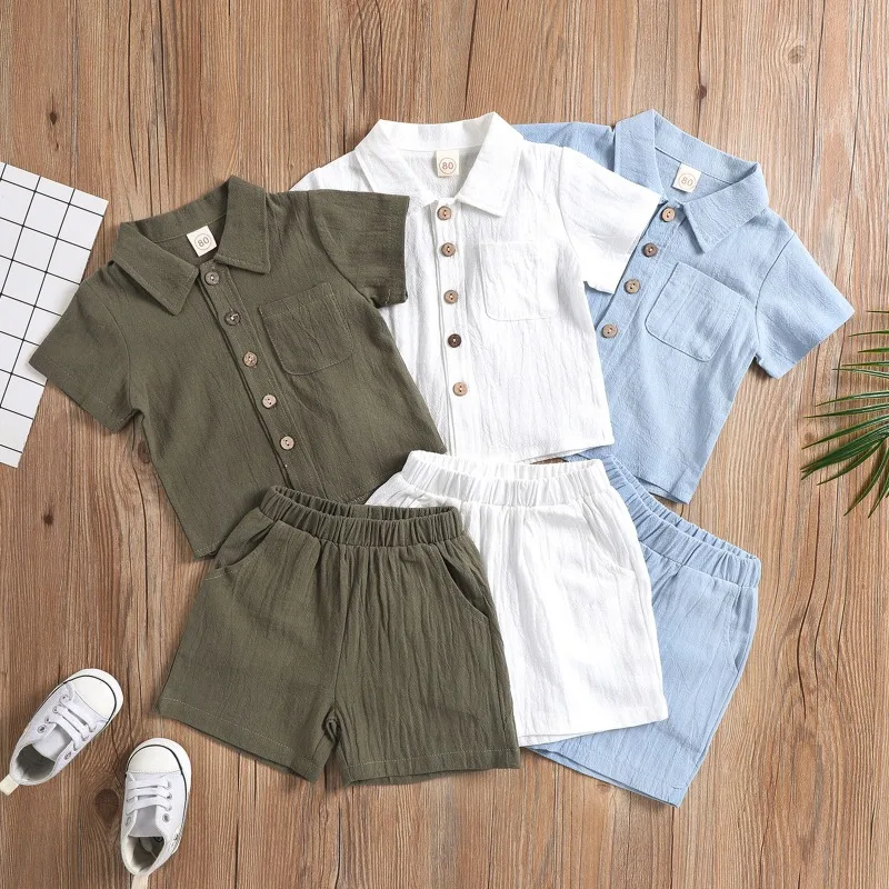 Summer Beachwear Linen Casual Style Short Pants Polo Shirt Solid Color Beach Wedding Children's Clothing 2 Piece Set Toddler