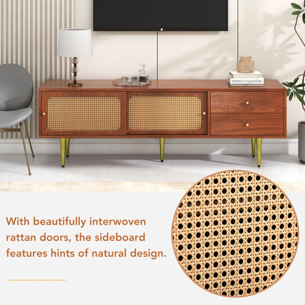 Stilvoller TV-Ständer aus Walnussholz mit 2 Rattan-Schiebetüren und praktischen Schubladen aus dunklem Kunststoff und Rattan – Detail 2